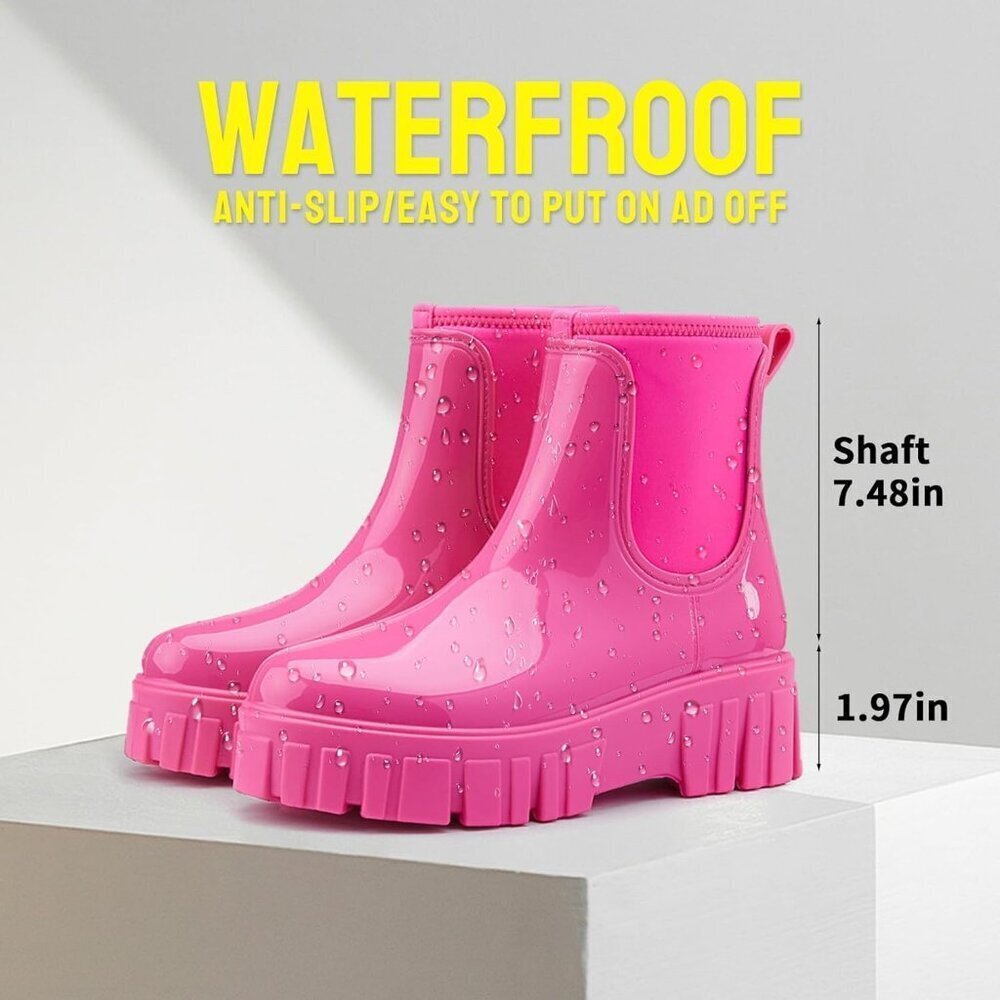 Women's Pink Ankle Boots Waterproof Platform Rubber Chelsea Comfortable Shoes - Picture 6 of 6